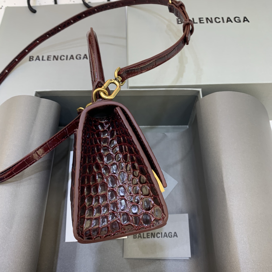 Balenciaga Hourglass XS Handbag Crocodile Embossed Shoulder Bag Dark Brown